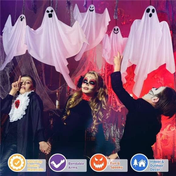 5 Pack Hanging Ghosts Halloween Decor - 27.5" Cute Flying Ghosts - Picture 3 of 6